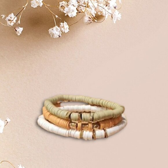 Vinyl Bracelets in Faded Green, White and Light Orange  with Gold Spacers - New - Picture 1 of 2
